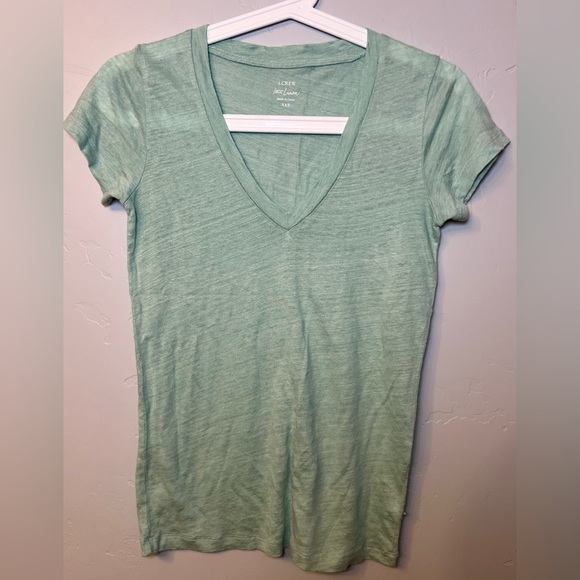 J Crew Women’s Linen V-neck T-Shirt M Slub Knit Short Sleeve Shirt - Teal - Picture 2 of 4